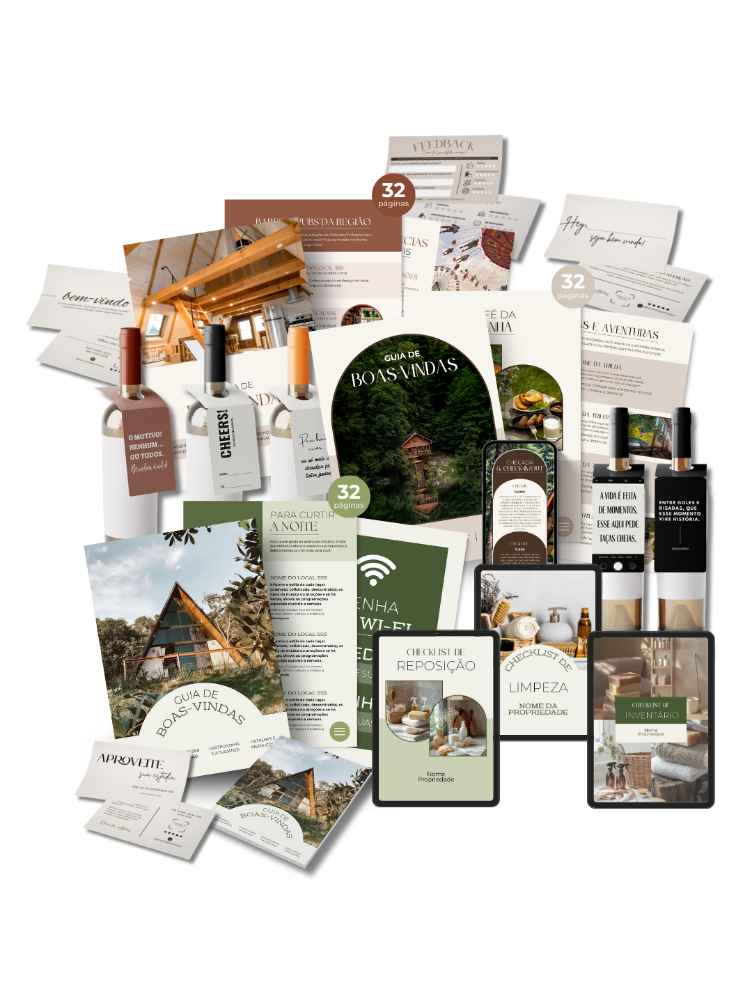 Composição digital com todos os itens do Kit Superhost — guia, cartões, templates e videoaulas sobrepostos
