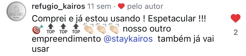 Print de comentário no Instagram de @refugio_kairos elogiando o Kit Superhost