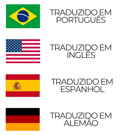 Traduzido em português, inglês, espanhol e alemão — bandeiras do Brasil, Estados Unidos, Espanha e Alemanha