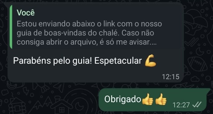 Print de conversa de WhatsApp em que hóspede diz 'Parabéns pelo guia, espetacular'