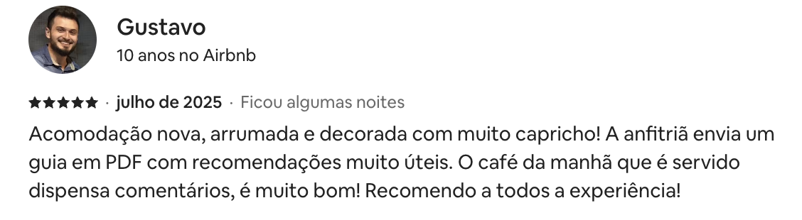 Avaliação real no Airbnb de Gustavo, hóspede com 10 anos de Airbnb, 5 estrelas