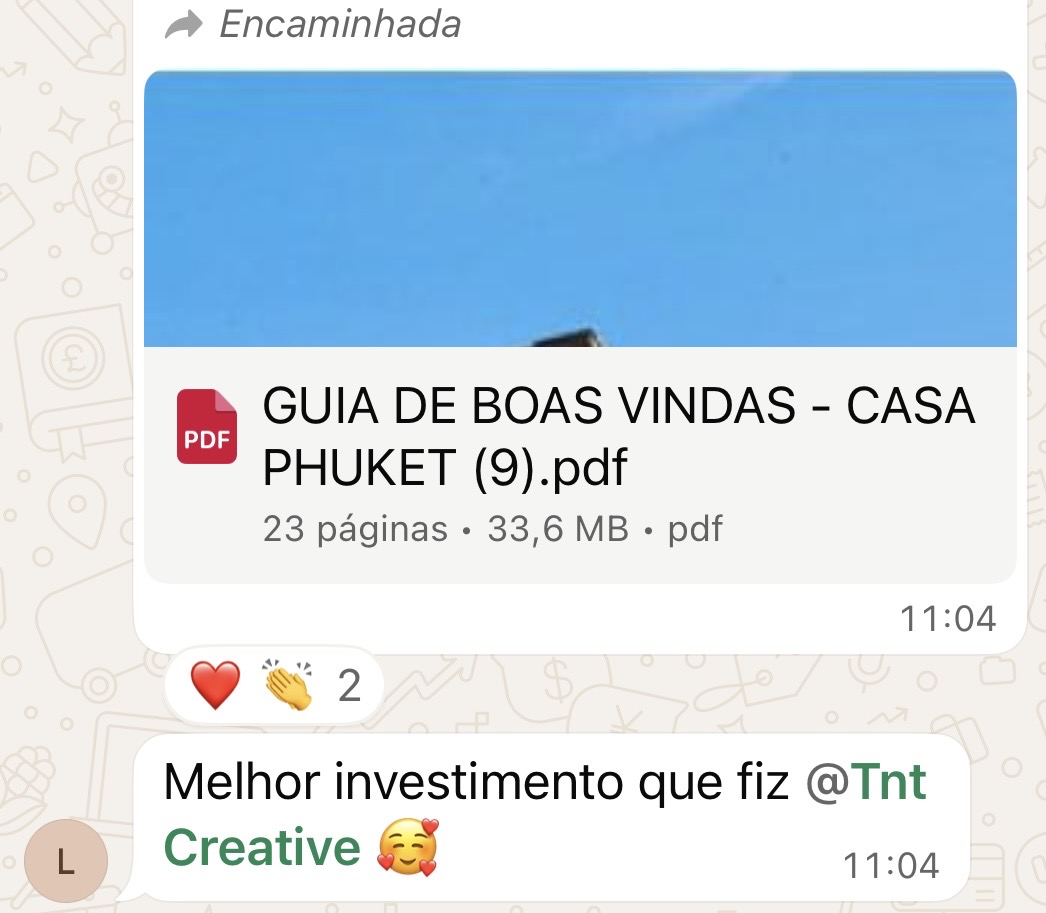Print de anfitriã compartilhando o PDF do Guia de Boas-Vindas finalizado e dizendo ser o melhor investimento que fez
