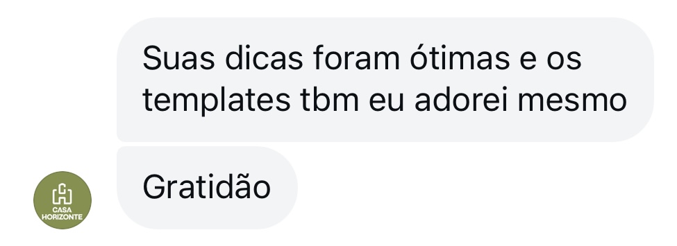 Print de mensagem de texto de anfitriã elogiando o template do Guia de Boas-Vindas