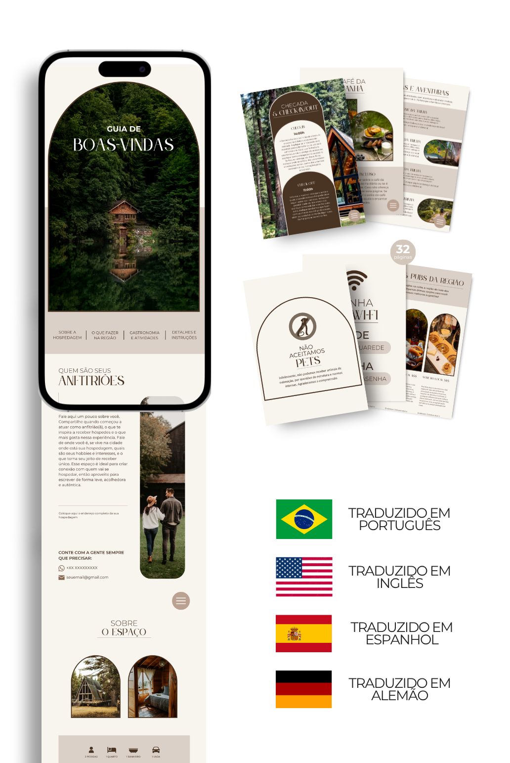 Mockup do Guia de Boas-Vindas aberto em um celular ao lado de páginas internas do guia e das bandeiras de Brasil, Estados Unidos, Espanha e Alemanha indicando tradução em português, inglês, espanhol e alemão