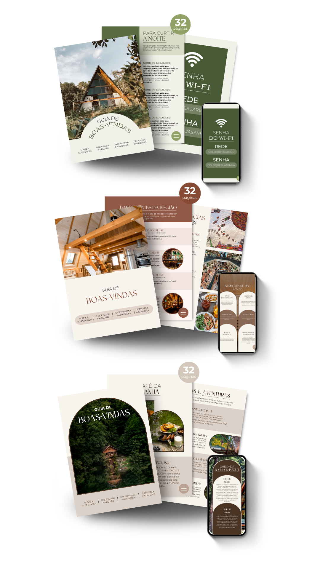 Os 3 modelos completos do Guia de Boas-Vindas — verde floresta, terracota vale dos vinhedos e marrom cabana — com capas e páginas internas mockup
