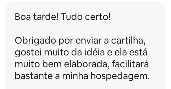 Print de mensagem de hóspede elogiando a cartilha do Guia de Boas-Vindas