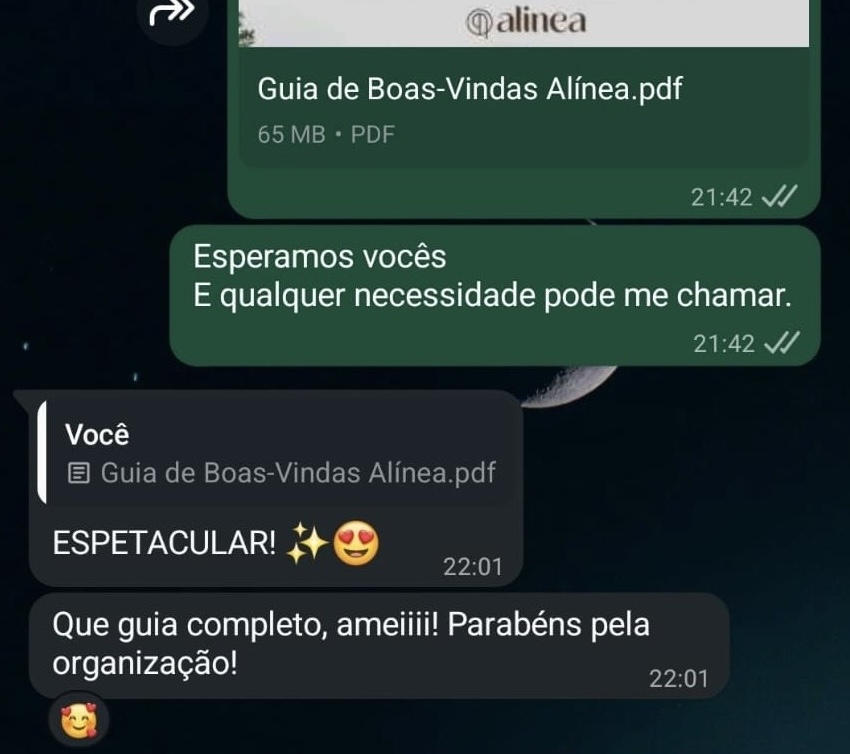 Print de conversa de WhatsApp com hóspede da Alínea elogiando o Guia de Boas-Vindas